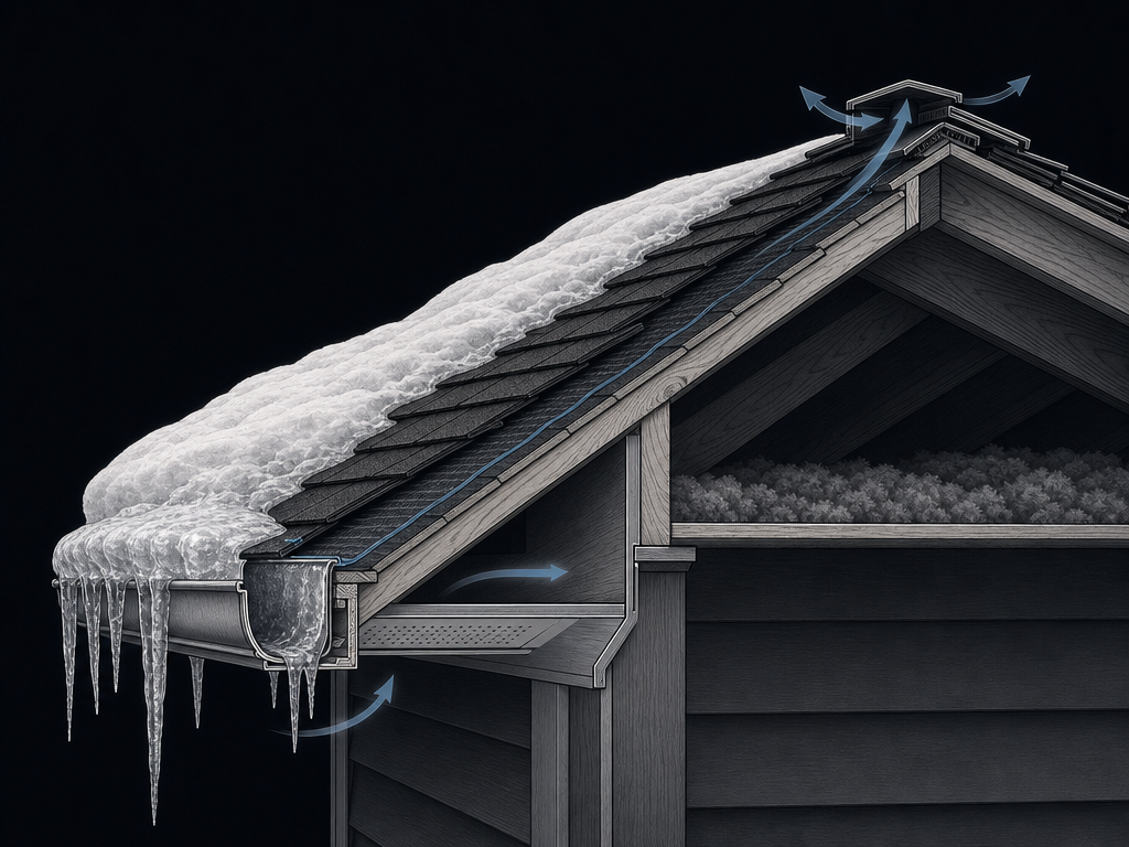 Cross-section diagram of a winter-ready roof eave showing ice and water shield, ventilation airflow, gutter and ice dam